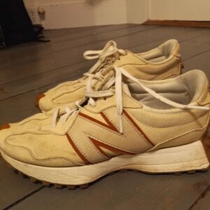 Size 8.5 women's, New Balance X Bandier Sneakers, Tan with brown logo.